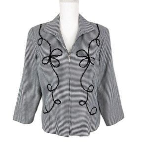 DJ & Co. Blazer Women 12 Black White Houndstooth Zip Front Embroidered